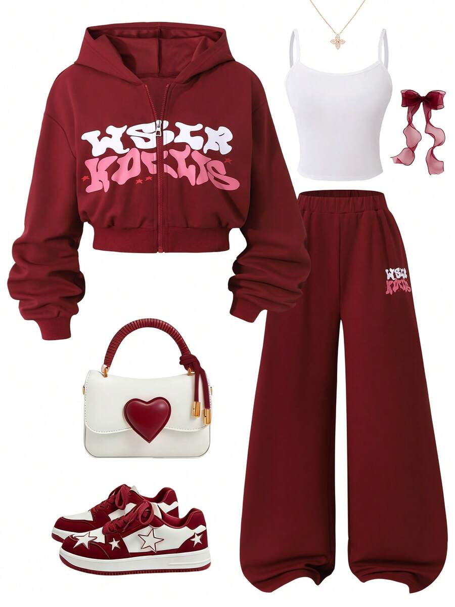 Sparklyn Bộ 3 món đồ thể thao và mặc nhà thoải mái, thời trang, có khóa kéo phía trước, chất liệu vải dệt kim in họa tiết, dáng rộng, màu hồng trơn, dành cho thanh thiếu niên. - Màu Đỏ Sâu - Xem 1