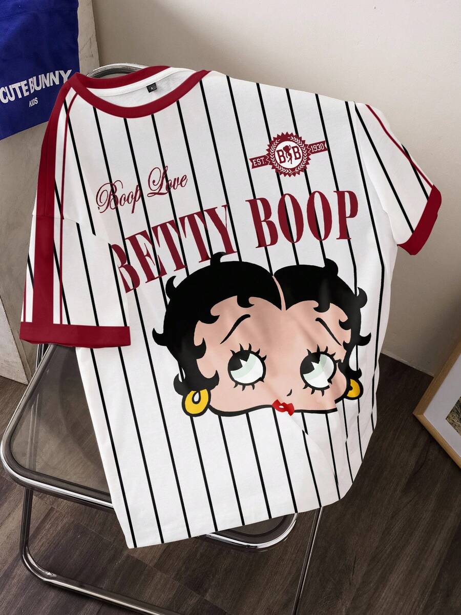 Betty Boop x SHEIN Women's Casual Fashion Street Chic Daily Commute School Sports Style Cartoon Character & Letter Striped Print Ringer Tee, Summer - White - View 1