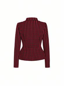 Ellevyn Plus Size Elegant Commuter Houndstooth Blazer & Skirt Suit - Red - View 6