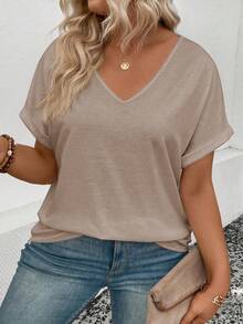 EMERY ROSE Women's Casual V-Neck Turnover Cuff Short Sleeve All-Match Versatile Plus Size T-Shirt, Spring/Summer - Khaki - View 5