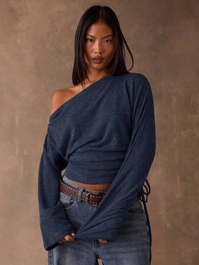 SHEIN BAE 女性用カジュアル 無地 斜めショルダー サイド ドローストリング Tシャツ 秋