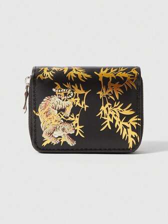 ROMWE Avant 1 Stück Tiger Bambus Blatt Bronzing Design Minimalistische Stil Reißverschluss Münzbörse, geeignet für Frauen