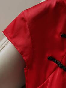 Franclia New Chinese Style Button Placket Short Sleeve T-Shirt, Casual Cropped Top - Red - View 3