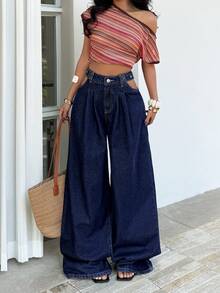 Sunnyshic Casual Washed High Waist Wide Leg Jeans - Dark Wash - View 3