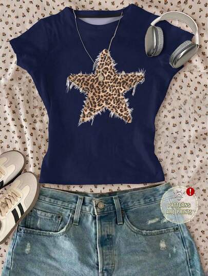 SHEIN Vintage Street Sports Collegiate Leopard Print & Star Pattern, Tween Girl Slim Fit Casual Minimalist Comfortable Round Neck Long Sleeve T-Shirt, Suitable For Layering Or Outerwear, All Seasons