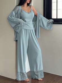 DAZY 3pcs Lace Patchwork Robe, Camisole & Pants Women Sleepwear Set - Blue - View 3