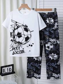 SHEIN 2件套儿童/青少年男童休闲简约圆领短袖T恤和宽松足球图案睡裤套装