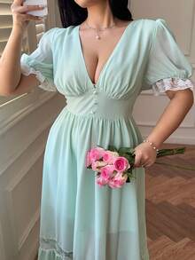 Vibekara Vestido de gasa verde retro francés con parches de encaje, de longitud hasta el té, elegante para primavera, verano y otoño; vestido camisa minimalista con cintura ceñida y mangas abullonadas; vestido de fiesta con falda acampanada - Verde - Ver 5