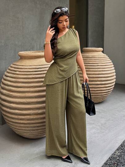 Weeklong Plus Size Women's Casual Ruched Shoulder Textured Fabric 2 Pieces Set, Suitable For Spring/Summer Vacation