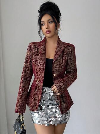SHEIN Raffinéa Sammetsmönstrad metallisk rutig geometrisk mönster slumpmässig rutig flerfärgad kombination öppen framtill långärmad kavajkrage åtdragen midja metallknapp dekor ficka med lock, elegant lyxig för julfest, bankett, högtid, bröllop, pendling, casual, vår/höst/vinter