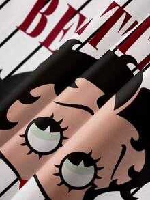 Betty Boop x SHEIN Women's Casual Fashion Street Chic Daily Commute School Sports Style Cartoon Character & Letter Striped Print Ringer Tee, Summer - White - View 4