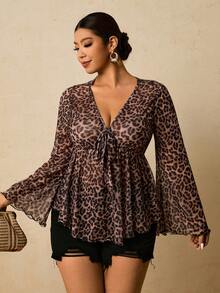 Travachic Plus Size Women Leopard Print Flare Sleeve Top - Brown - View 6