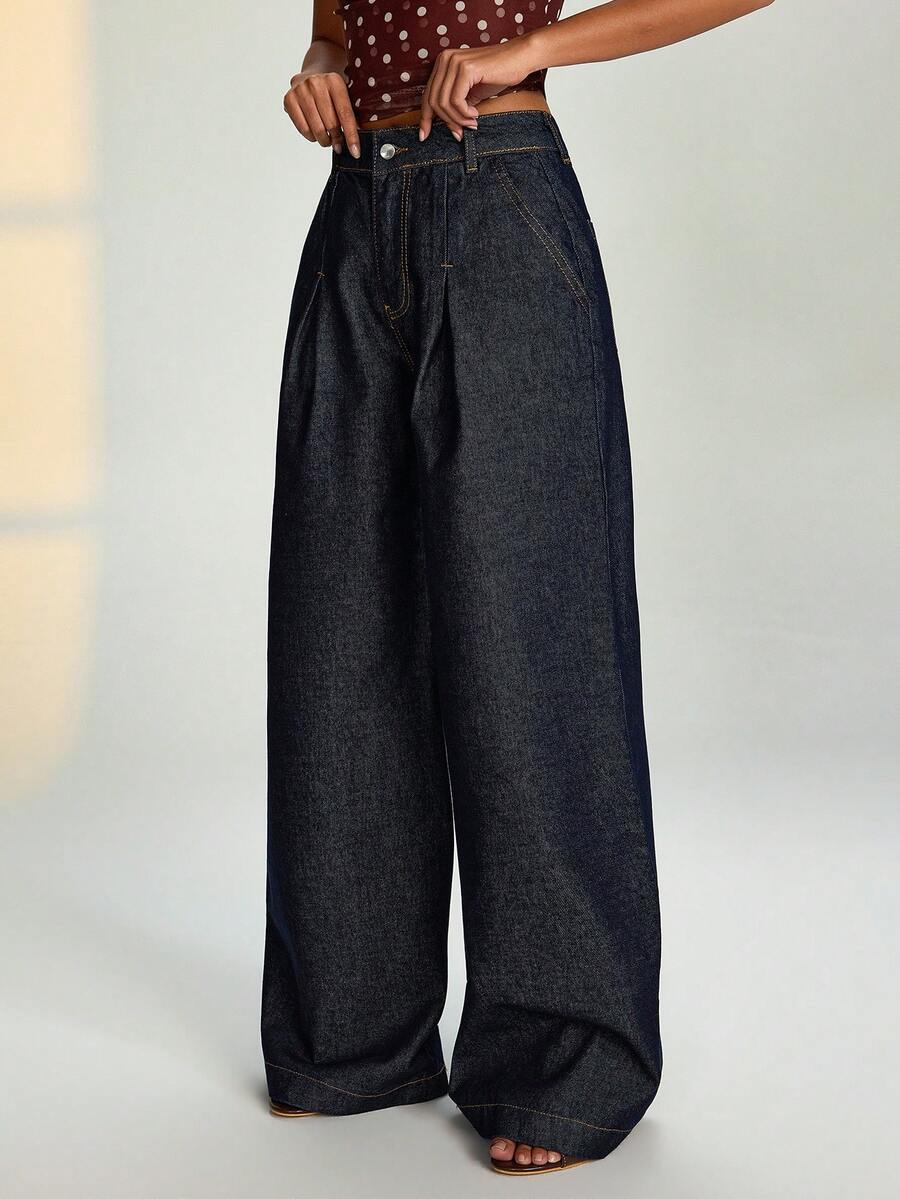 RueChic 100% Cotton Women's Raw Wash Palazzo Jeans - Dark Wash - View 1