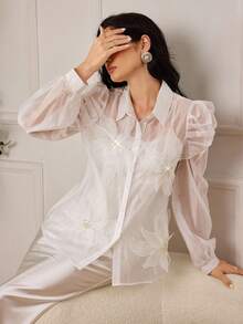 Modelyn 新款时尚浪漫3D立体花卉白色女式衬衫 - 白色 - 查看 4