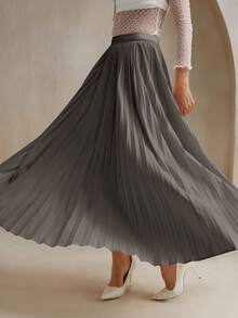 Anewsta Urban Style Pleated A-Line Skirt, Minimalist Fashion Casual Everyday Wear Maxi Skirt - Grey - View 5