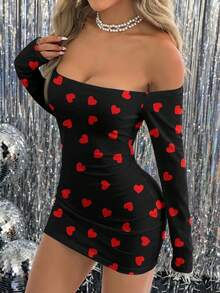 SHEIN EZwear Casual Sexy Style Full-Width Black Background Red Heart Print Pattern Women's Off Shoulder Dress, Suitable For Spring/Summer, Valentine's Day, Party Carnival - Multicolor - View 5