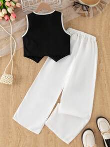 2pcs/Set Tween Girls Organza Floral Decor Black Tank Top And Contrast Button Accent White Wide Leg Pants,Black And White Summer Tea Party Jumpsuit - Black and White - View 2