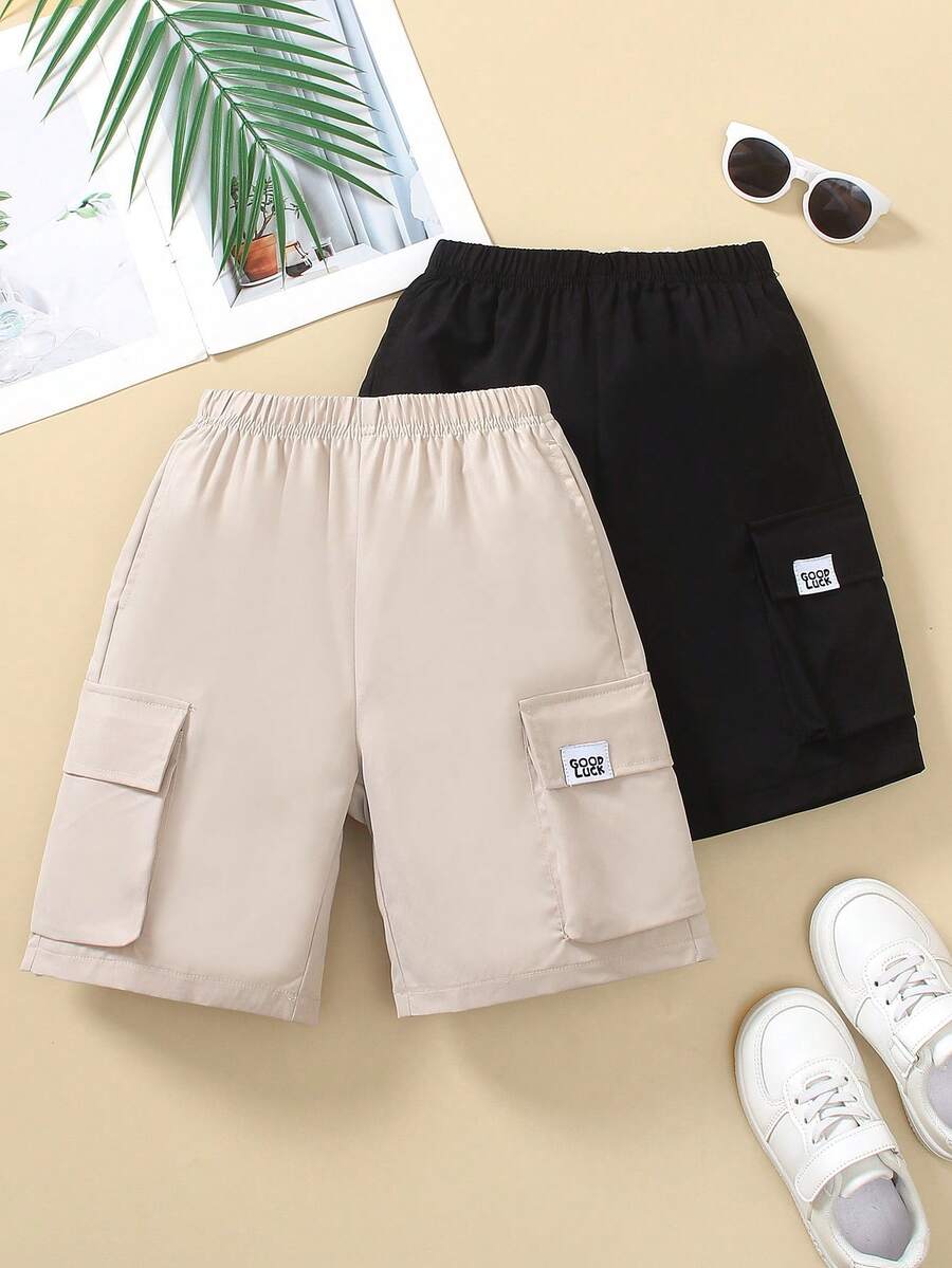 Young Boy Solid Color Elastic Waist Patch Pocket Shorts - Multicolor - View 1