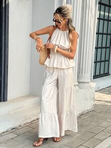 Serisse 女士休闲日常通勤度假风纯色露背荷叶边上衣和阔腿宽松裤两件套，夏季 - 杏色 - 查看 5