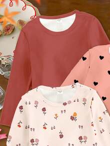 SHEIN Bộ 3 áo thun dài tay cho bé gái, kiểu dáng thường ngày, dễ thương, co giãn, màu trơn và in hình hoa trái tim, phù hợp cho mọi mùa. - Nhiều màu - Xem 5