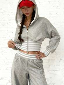 INAWLY 2pcs Women Striped Patchwork Zip-Up Hoodie Sweatshirt Set, Slimming Casual - Grey - View 6