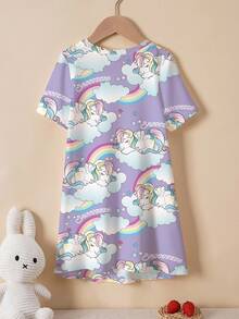 My Little Pony X SHEIN 女童可爱卡通彩虹字母图案短袖宽松T恤裙，休闲日常通勤，夏季 - 白色 - 查看 2