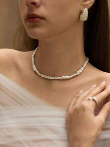 Opalesca 1pc Asymmetrical, Pearl Necklace,Outfits,Beaded,Wedding/Bridal Accessories,Fairycore/Fairy,Charm Necklace,Pearl,Elegant - Silver - View 3