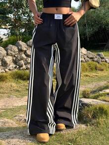 Muchica 女士撞色侧条纹休闲运动裤 - 黑色 - 查看 7
