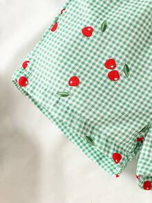 SHEIN Vintaside Kids 2pcs/Set Baby Girl Spring&Summer Vacation Style Cherry&Plaid Printing Slip Top&Shorts