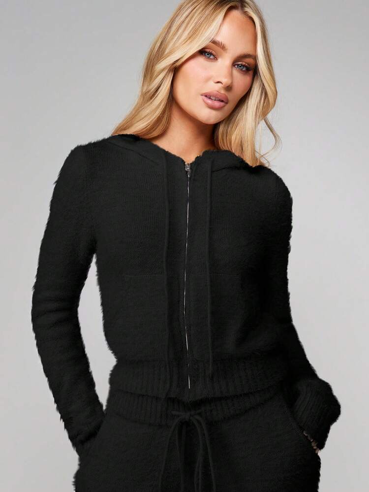 Missguided x Playboy Fluffy Knit Zip Up Hoodie With Hood And Full Zipper Long Sleeve Cozy Winter Sweater