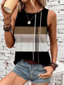 SHEIN LUNE Women's Striped Crew Neck Casual Versatile Tank Top Spring Beach Outfit - Multicolor - View 1