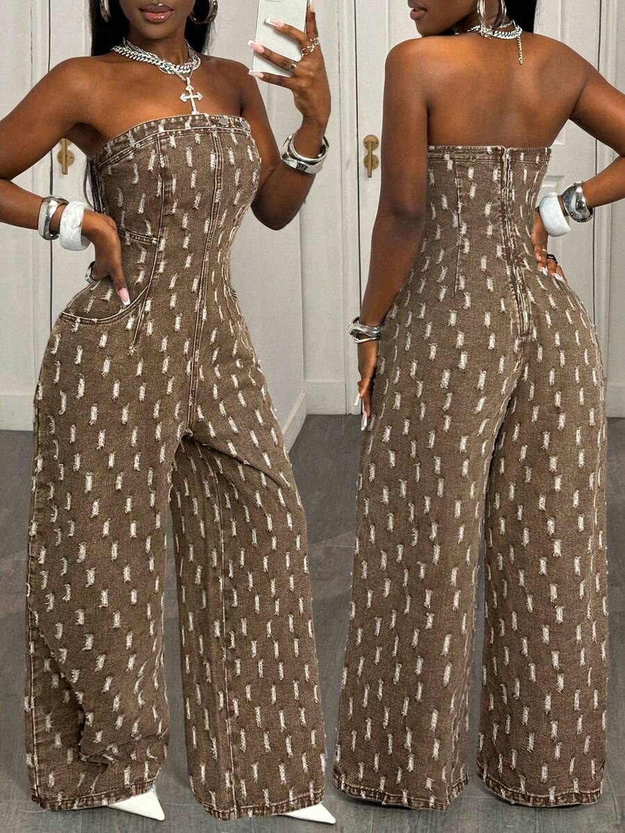 Slaydiva Women's Rule Pattern Strapless Denim Jumpsuit - Brown - View 1