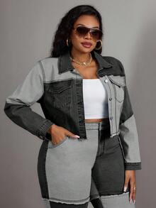 Slaydiva 大码女式牛仔蓝色拼接弹力短外套，牛仔竞技服 - 深灰色 - 查看 7