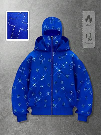 Street Life Sudadera con capucha con bolsillos y adornos de strass con cierre de cremallera, sudadera con capucha de moda para hombres