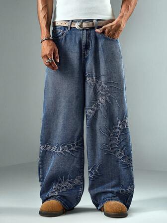 Street Life Men's Pocket Scorpion Embroidered Wide Leg Loose Casual Versatile Jeans