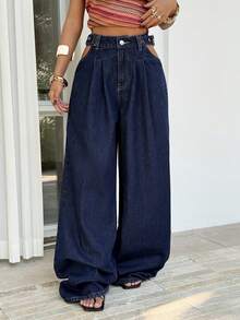 Sunnyshic Casual Washed High Waist Wide Leg Jeans - Dark Wash - View 1