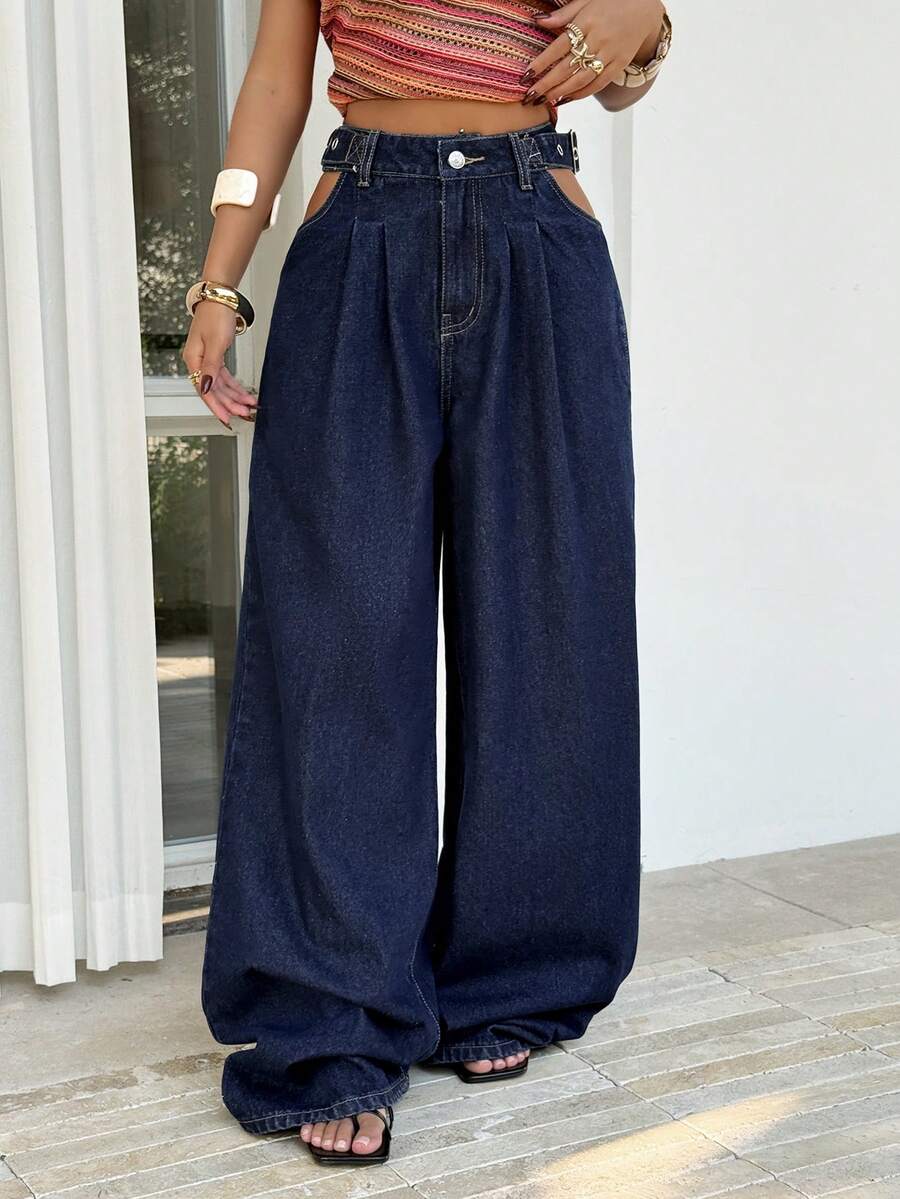 Sunnyshic Casual Washed High Waist Wide Leg Jeans - Dark Wash - View 1