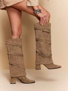 Daringsoles Women's Square Toe Western Style Studded Design Fashion High Heel Knee-High Boots - Khaki - View 2