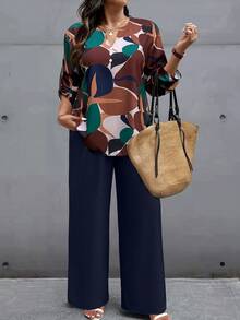 SHEIN LUNE 2pcs Plus Size Women Casual Random Print Button Decorated Long Pants Set, Autumn/Winter Fall - Multicolor - View 3
