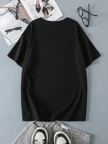 HELLO KITTY AND FRIENDS | SHEIN 女士休闲日常通勤卡通花卉字母图案落肩宽松黑色T恤，夏季 - 黑色 - 查看 2