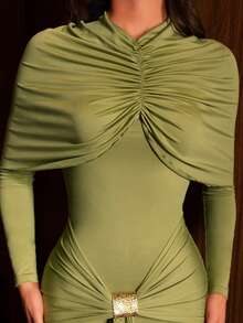 Modelyn Damen Mode elegantes Taillen-Drapierung mit Metall-Dekor V-Ausschnitt 2 in 1 Dekonstriertes Doppellagen Brustgeraffte Langarm Maxikleid, Frühling/Sommer - Grün - Übersicht 6