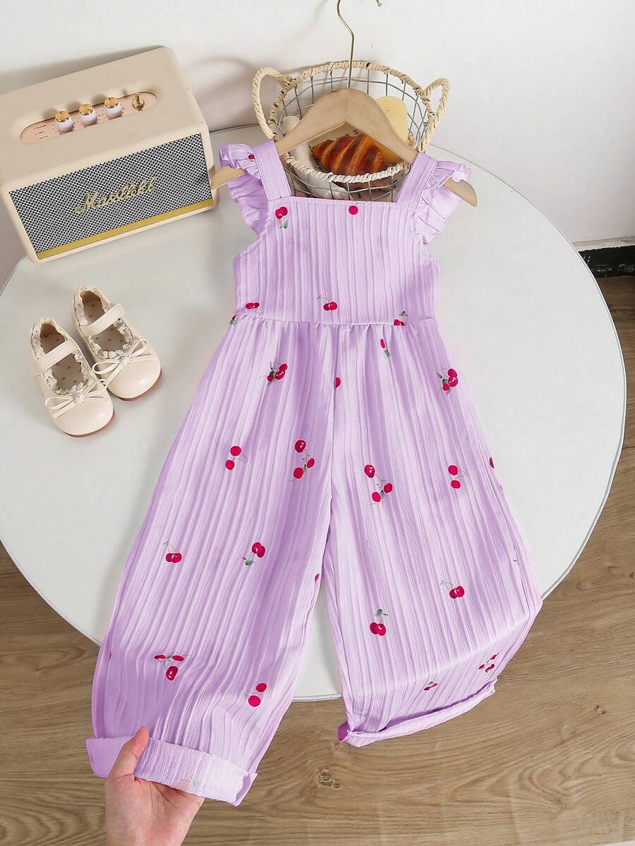 Genkimix Kids 一件复古休闲修身独特樱桃印花连体裤,适合夏季户外活动和上学穿着。 - 紫色 - 查看 1
