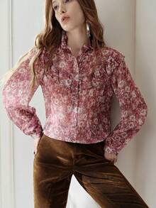 Frievida Floral Print Ruffle Trim Chiffon Blouse  - Multicolor - View 5