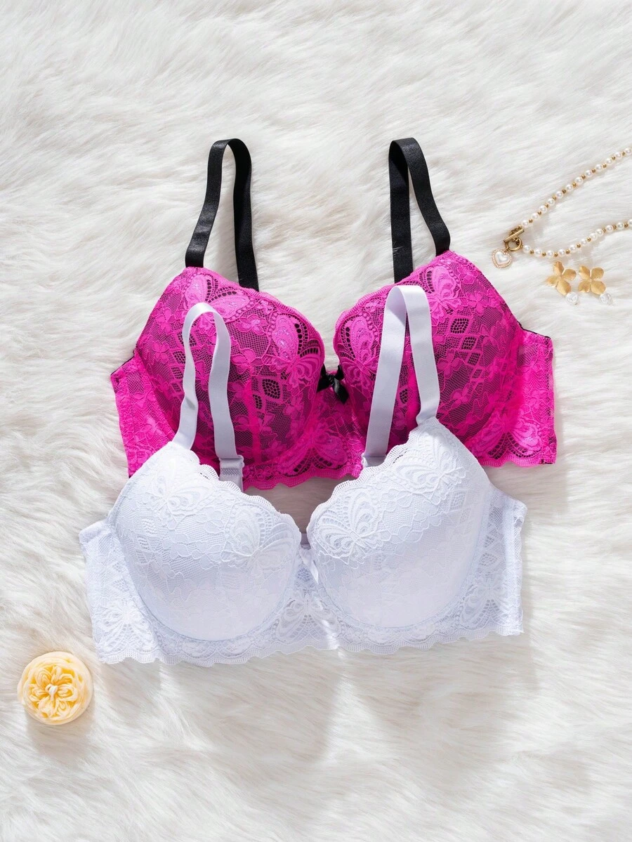 DesireSculpt 2pcs/Set Plus Size Women Lace Solid Minimalist Underwire Adjustable Bras - Multicolor - View 1