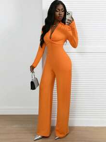 Xyvia Women's V-Neck Cinched Waist Yellow Bodycon Long Jumpsuit, Vintage Minimalist Sexy Elegant For Commute, Date, Party, Everyday Wear, Autumn