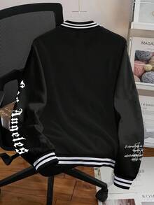 Manfinity Campus Court 男士字母印花前开襟纽扣休闲长袖保暖夹克，复古风，秋冬季保暖夹克 - 黑色 - 查看 2