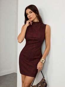 SHEIN Tall Women's PU Leather Ruched Stand Collar Sleeveless Solid Casual Mini Dress, Fashionable For Daily Wear Women's Casual Fashion 90s Outfit Street Shooting Solid Color Pleated Collar PU Dress,Suitable For Party, Office, Outdoor, Liner Or Stand-Alone, Cocktail Dress Suitable For Going Out And Parties Christmas Dress Sleeveless Dress Maroon Dress Fall Dress Autumn Dress Textured Dress Dresses For Women Dress For Women - Burgundy - View 7
