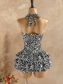 Soleia Đầm mini họa tiết da báo cổ điển buộc nơ sau lưng xếp nếp nhiều lớp viền bèo nhún cho nữ - Nhiều màu - Xem 2