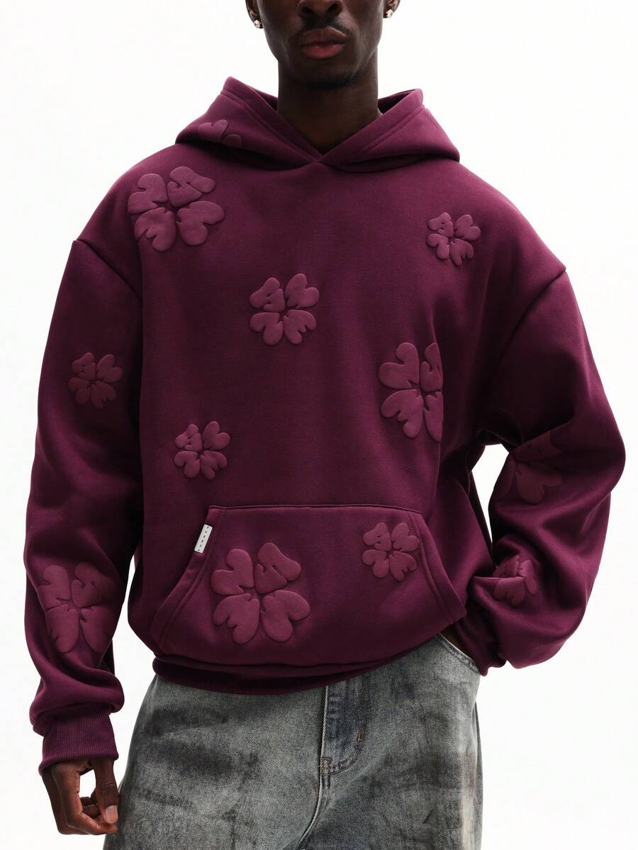 SUMWON Boxy Fit Hoodie With All Over Puff Floral Applique Design Burgundy Pullover Sweatshirt Long Sleeve Casual Winter Fall - Purple - View 1