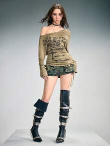 ROMWE Grunge Punk Kaos Slim Fit Leher V dengan Desain Lusuh ala SpringGrunge - Hijau Tentara - View 4